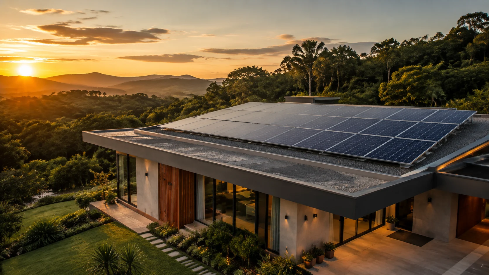 Imagem ilustrativa de uma casa contemporânea com painéis solares no telhado ao pôr do sol